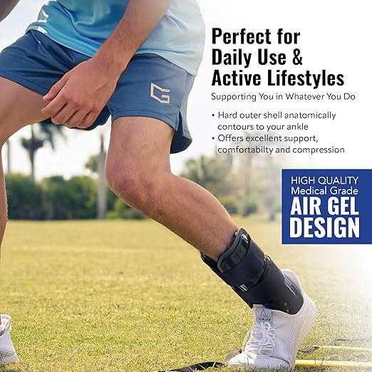 AnklePro Air Cushion Stirrup Ankle Stabilizer Brace - Removable Cold Therapy 3-Strap Rigid Stirrup Ankle Splint w/Gel Pad for Women & Men - Lateral Support for Stability, Black, Small