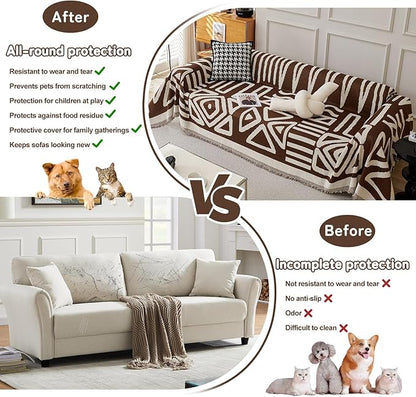 HANDONTIME Chocolate Boho Couch Cover Reversible Sofa Covers for 3 Cushion Couch Washable Sofa Cover for Dogs Dark Couches Covers Chenille Couch Protector Covers for Sofa, 71" X102"