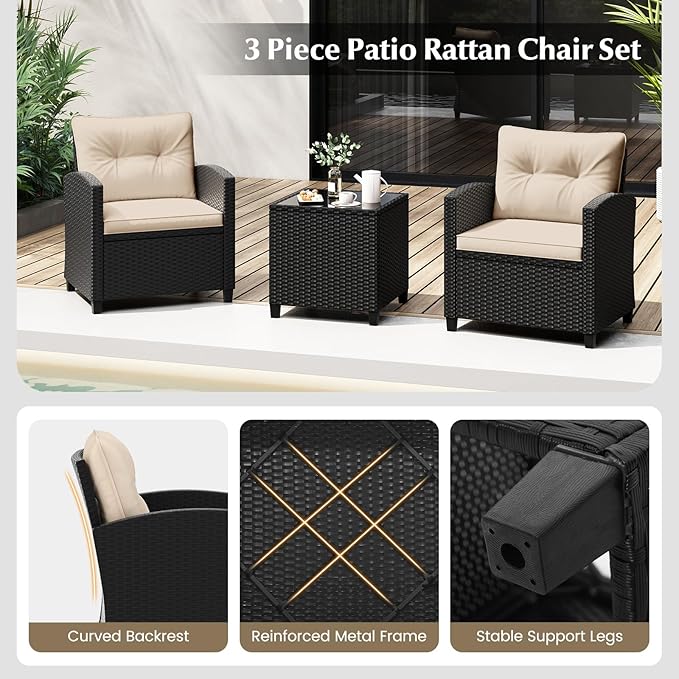 Tangkula 3 Piece Patio Furniture Set, Rattan Conversation Set w/Soft Seat & Back Cushions, Tempered Glass Topped Coffee Table, Cushioned Wicker Seating Set for Backyard, Porch, Poolside (Beige)