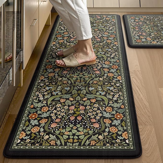 Collive Kitchen Floor Mat Cushioned Anti Fatigue, Boho Floral Desk Mats Non