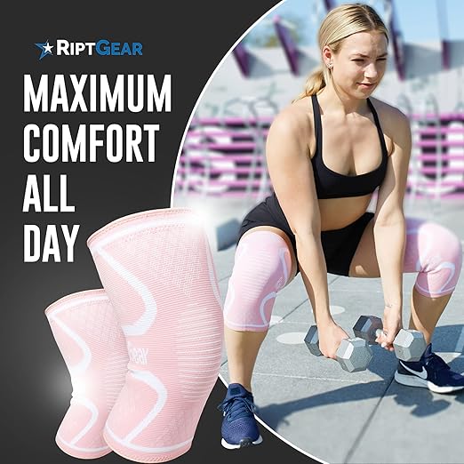 RiptGear Knee Compression Sleeve Women - Knee Support and Compression Knee Brace for Women Working Out For Pain, Running (Large, Pink (2 Pack))