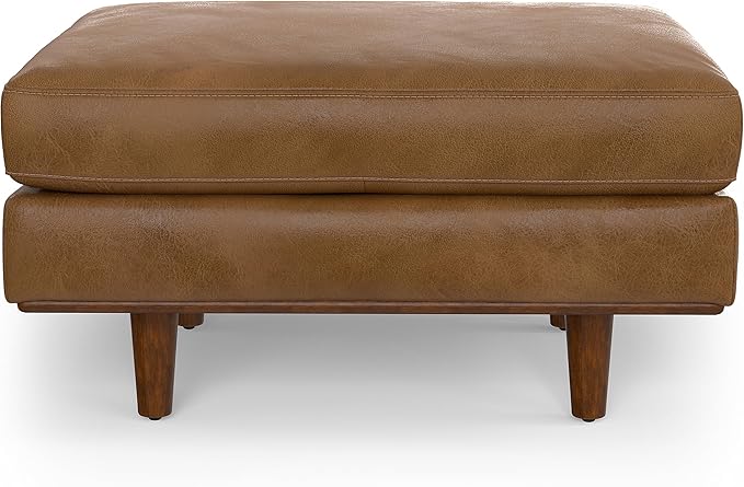 SIMPLIHOME Morrison Mid-Century Modern 89 inch Wide Sofa with Ottoman Set in Caramel Brown Genuine Leather for the Living Room and Family Room