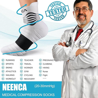 NEENCA Medical Compression Socks for Women & Men Circulation—2 Pairs, Ankle Compression Stockings for Pain Relief, Plantar Fasciitis, Swelling, Running, Nurses, Travel, Pregnancy, Flying. 20-30 mmHg
