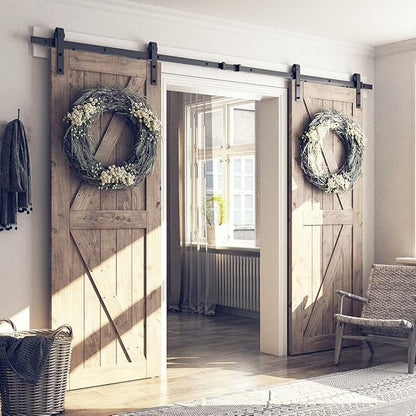 SMARTSTANDARD 10FT Double Barn Door Hardware Kit, Sliding Door Track-Smoothly and Quietly -Includes Detailed Installation Fit 30" Wide Door Panel(J Shape Hanger) Black