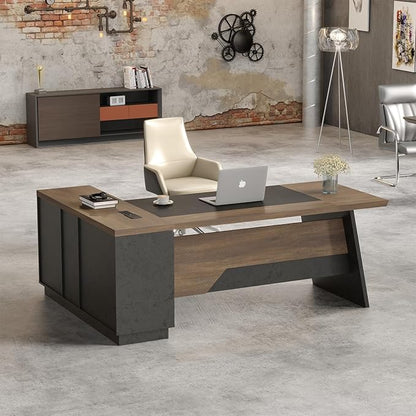 L Shape Executive Desk, Large Office Desk with Drawers & Shelves, 78.74 Inches Industrial Wooden Desk with Storage, Modern Computer Desk for Home Office, Black and Brown, Right Side