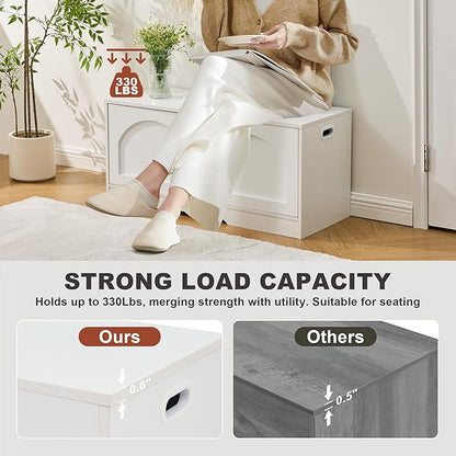 Shoe Bench, Entryway Storage Bench with 2 Doors, Shoe Rack Adjustable Shelves, Shoe Cabinet with Storage, 31.5" W x 13.8" D x 18.1" H for Entryway, Living Room, Hallway, Mudroom, Bedroom, White