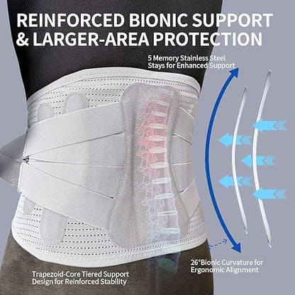 Lower Back Brace for Women Men, Adjustable Lumbar Support with 3D Pad, Breathable Ergonomic Support Belt with Metal Stays for Work, Lifting, Drive, Grey,Size XL,Waist 45"-52"