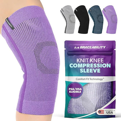 BraceAbility Knee Compression Sleeve - Knit Knee Pain Brace for Men or Women, Arthritis Relief, Meniscus Tear, Running, Workout, Sports, Swelling, Athletic Support for Joint Stability (Lilac, XL/2XL)