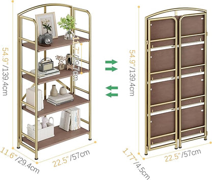 No-Assembly Folding Gold Bookshelf Storage Shelves 4 Tiers Vintage Multifunctional Plant Flower Stand Storage Rack Shelves Bookcase for Home Office
