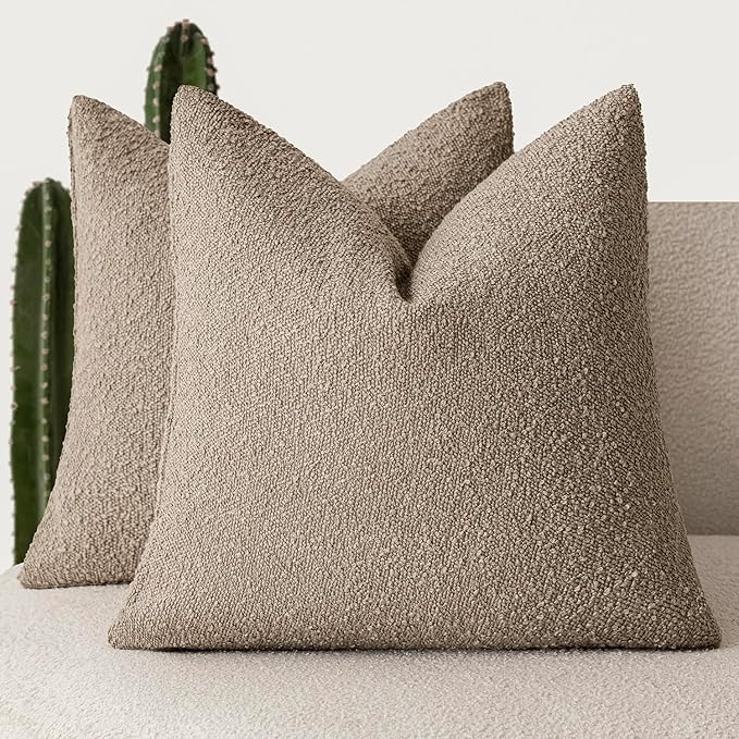 Foindtower Set of 2, Decorative Textured Boucle Throw Pillow Covers Accent Solid Pillow Cases Neutral Cozy Couch Cushion Case for Chair Sofa Bedroom Living Room Home Decor 24x24 Inch Light Khaki Tan