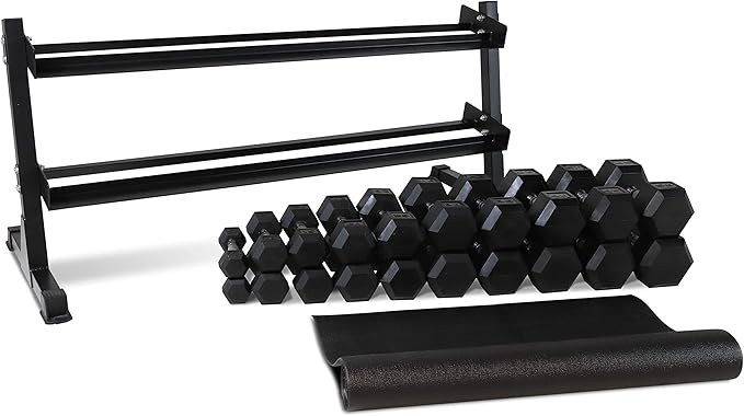 WF Athletic Supply Rubber Coated Hex Dumbbell Set, Multiple Choices Available - Dumbbells with Rack Stand and Mat, or Dumbbells Only (200/550/1200/2100/3000 LB)