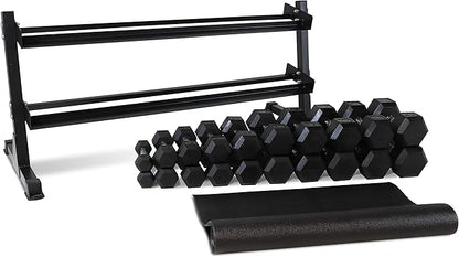 WF Athletic Supply Rubber Coated Hex Dumbbell Set, Multiple Choices Available - Dumbbells with Rack Stand and Mat, or Dumbbells Only (200/550/1200/2100/3000 LB)