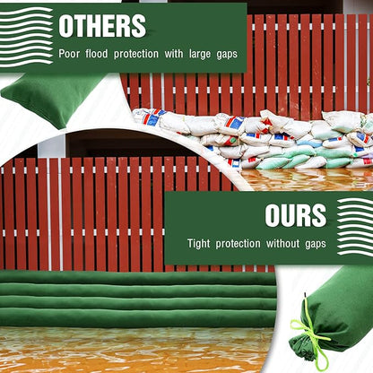 Threan 8 Pcs Long Canvas Sandbags for Flooding Sand Tube Bags Flood Protection Thickened Reusable Rain Wind Flood Barrier with Elastic Band Water Barrier Tube for Door Rain Control, Green (11ft)
