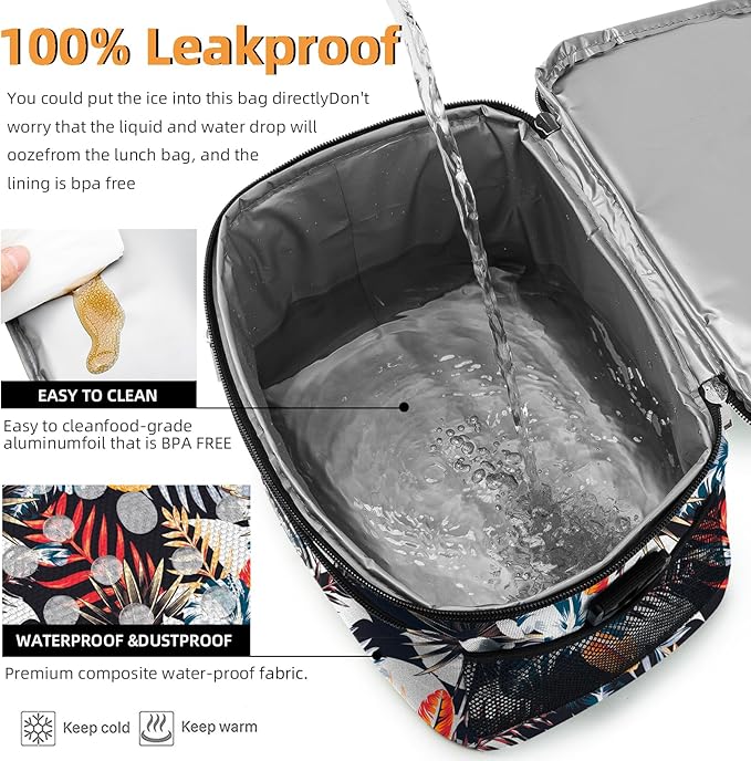 BEIMILY Lunch Box for Men/Women,Small Insulated Lunch Bag,Reusable LunchBox for work Picnic Beach,Leakproof Soft Cooler Tote Bag Organizer with Adjustable Shoulder Strap for Adults(plantflowers)