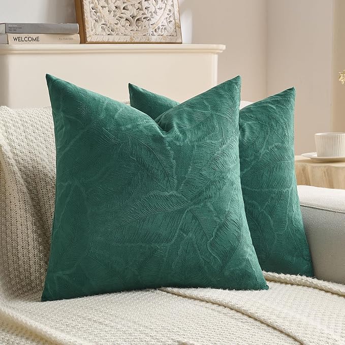 FUTEI Christmas Dark Green Velvet Throw Pillow Covers 18x18 Inch Set of 2,Soft Embossed Leaf-Relief Textured Cushion Cases,Natural Home Decor for Couch Living Room