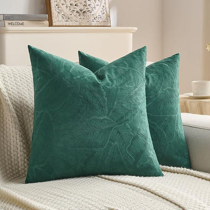 FUTEI Christmas Dark Green Velvet Throw Pillow Covers 18x18 Inch Set of 2,Soft Embossed Leaf-Relief Textured Cushion Cases,Natural Home Decor for Couch Living Room