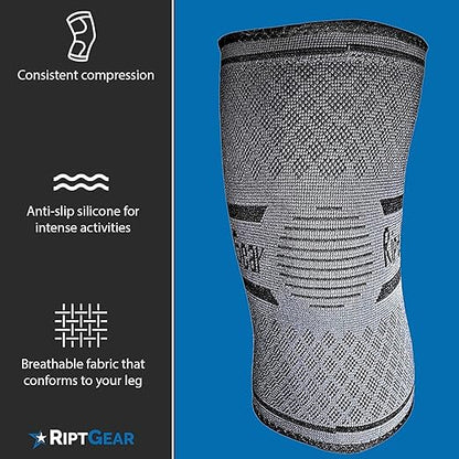 RiptGear Knee Compression Sleeve - 2 Pack - Braces for Knee Pain - Compression for Arthritis, Meniscus Tear, Running - Support for Women and Men - Sleeves Weightlifting (Medium, Gray (2 Pack))