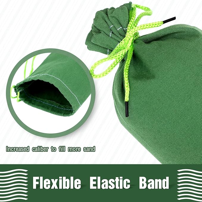 Threan 8 Pcs Long Canvas Sandbags for Flooding Sand Tube Bags Flood Protection Thickened Reusable Rain Wind Flood Barrier with Elastic Band Water Barrier Tube for Door Rain Control, Green (11ft)