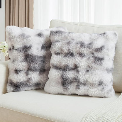 FUTEI Grey White Decorative Throw Pillow Covers 20x20 Inch Set of 2,Soft Fuzzy Faux Rabbit Fur Cushion Covers with Raised Texture,Neutral Boho Home Decor for Couch Bed Living Room