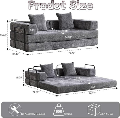 Convertible Sofa Bed, Compression Futon Sofa with Pillows & Armrest, Foldable Mattress Couch with Fixed-Shape Frame, Comfy Couch Lounge Sleeper Bed for Living Room Bedroom, Dark Gray