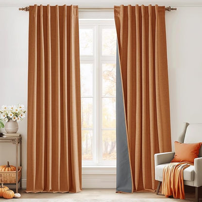 RYB HOME 100% Blackout Fall Curtains for Bedroom Linen Texture, Burnt Orange Curtains for LivingRoom/Office/Sliding Door, Thermal Insulated Farmhouse HomeDecor, Luxury Privacy Drape, W52xL84, 2 Panels