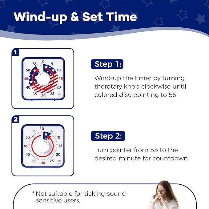 TWENTY5 SEVEN Countdown Timer 7.5 inch; Patriotic 60 Minute 1 Hour Visual Timer, Classroom Teaching Tool Office Meeting, Mechanical Magnetic Countdown Clock for Kids Exam Time Management, Blue