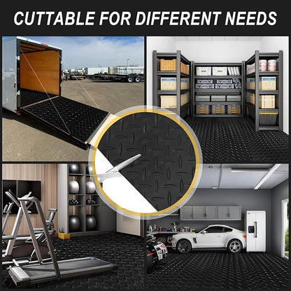 4x10FT Garage Floor Mat, 2.8mm Thickened Flooring Roll for Under Car, Golf Cart Parking Mat, Diamond Plate PVC Rubber Motorcycle Mat, Non-Slip Floor Protector for Garage Warehouse Trailer, Black