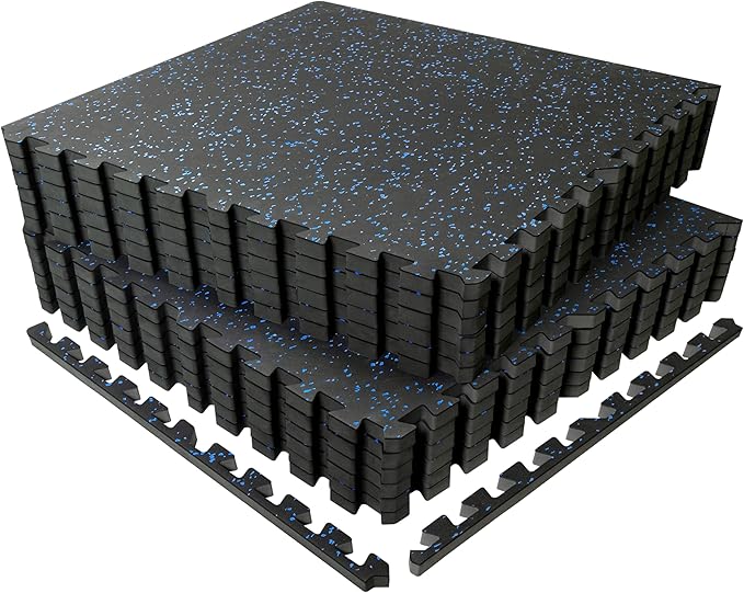 SUPERJARE 0.56'' Thick 12 Pcs 48 Sq Ft Rubber Top Exercise Equipment Mats, High Density EVA Foam Mats with Rubber Top, Interlocking Gym Flooring for Home Gym, Protective Workout Mat, Black/Blue