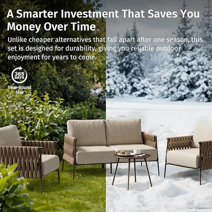 EAST OAK 4-Piece Patio Furniture Set | Life Chatter Outdoor Furniture | Coffee Table & Deep Seating Conversation Set with Thick Cushions | Porch, Balcony & Backyard | Chestnut & Apricot