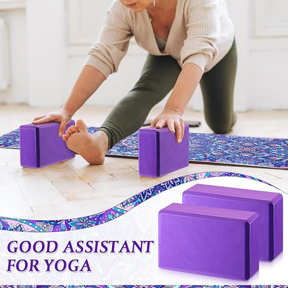 Tinideya 3 Pcs Yoga Mat Yoga Block with Carrying Strap Non Slip Yoga Mat Travel Yoga Mat for Exercise, Yoga, Fitness, Pilates, Floor Workouts, purple