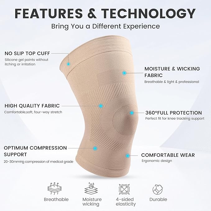 Knee Compression Sleeves, 1 Pair, Can Be Worn Under Pants, 20-30mmHg Strong Support Knee Brace for Unisex, Knee Support for Meniscus Tear, Arthritis, Pain Relief, Injury Recovery, Daily Wear,Beige XXL