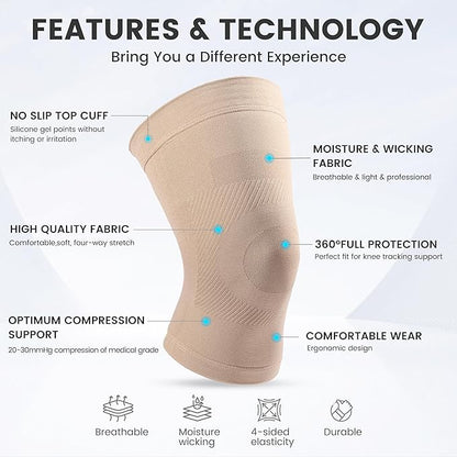 Knee Compression Sleeves, 1 Pair, Can Be Worn Under Pants, 20-30mmHg Strong Support Knee Brace for Unisex, Knee Support for Meniscus Tear, Arthritis, Pain Relief, Injury Recovery, Daily Wear,Beige XXL