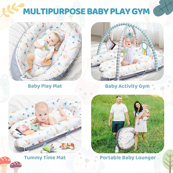Baby Play Mat, 7-in-1 Infant Gym Mat for Sensory and Motor Development, Washable & Portable Newborn Tummy Time Activity Mat for Home & Travel, Babies Gift for 0-3-6-9-12-18 Months