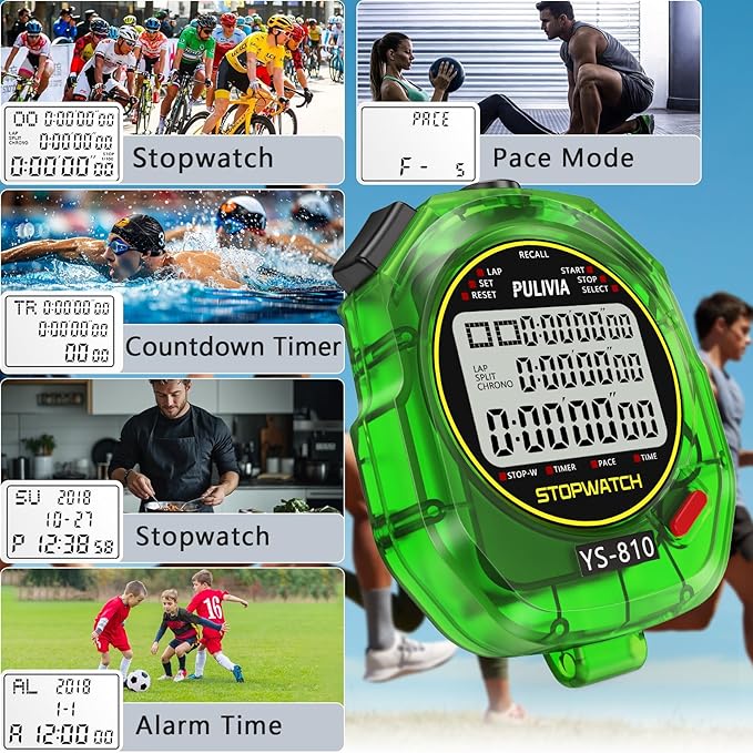 Stopwatch Timer 10 Splits/Laps Digital Stop Watch for Sports, Countdown Alarm Clock Date Memory Recall Large Display, Stopwatch for Coaches PE-Teacher Referee, Green