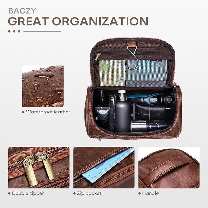 Travel Toiletry Bag for Men, Hanging Hygiene Bag EDC Pouches Small Dopp Kit Water-resistant Mens Shaving Kit Bags PU Leather Toiletry Organizer for Travel Weekend Fitness Hospital Brown