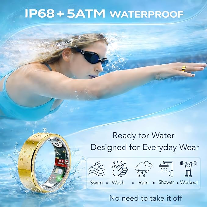 Smart Ring Health & Fitness Tracker for Men & Women – Sleep, Heart Rate, SpO₂, HRV & Stress Tracking – BP & Women Health Support, 180+ Sport Modes, IP68 Waterproof, No Subscription Fee (Gold, 11)