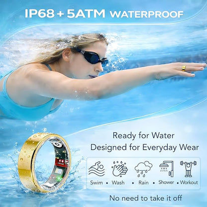 Smart Ring Health & Fitness Tracker for Men & Women – Sleep, Heart Rate, SpO₂, HRV & Stress Tracking – BP & Women Health Support, 180+ Sport Modes, IP68 Waterproof, No Subscription Fee (Gold, 11)