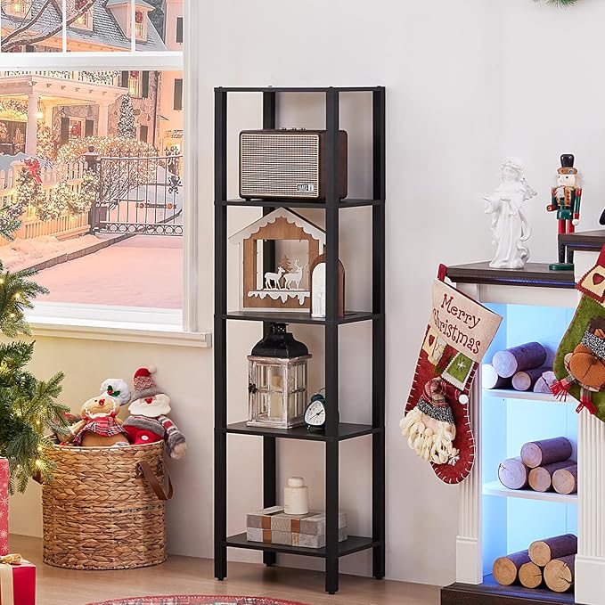 54in Tall Bookshelf 5-Tier Small Narrow Bookcase, Skinny Book Shelf for Small Space, Farmhouse Slim Shelf with Storage, Wood Freestanding Display Thin Bookshelves for Living Room, Office, Black