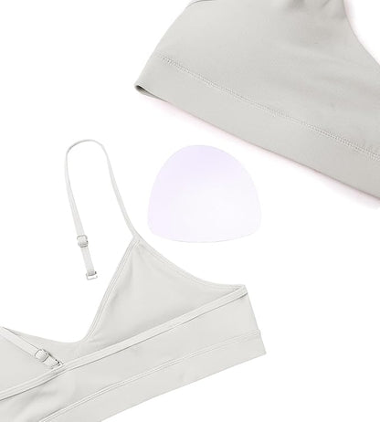 Oalka V Neck Sports Bra for Women Adjustable Padded Thin Straps Wireless Yoga Bras