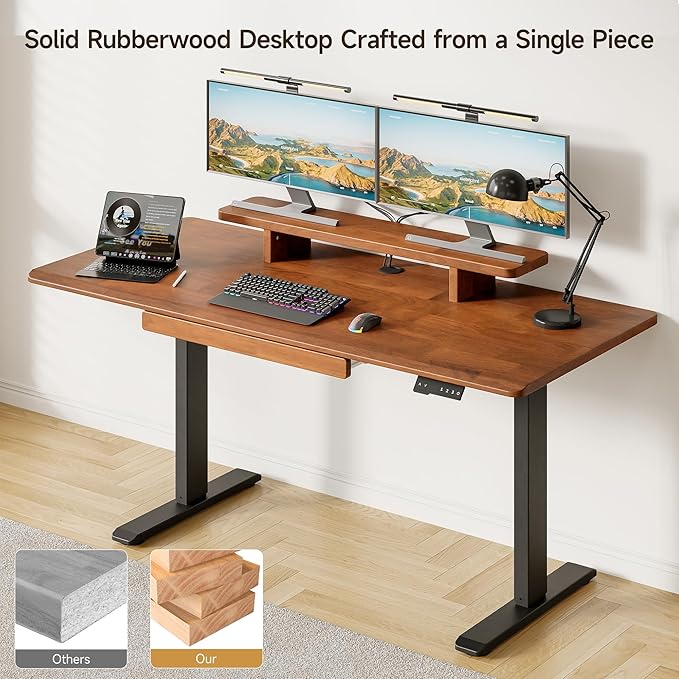 ONBRILL Standing Desk with Drawer, 55x23.6 Inches Solid Wood Desktop Stand Up Desk with Whole-Piece Board and Storage Shelf, Adjustable Height from 28-46 Inches for Home & Office, Brown