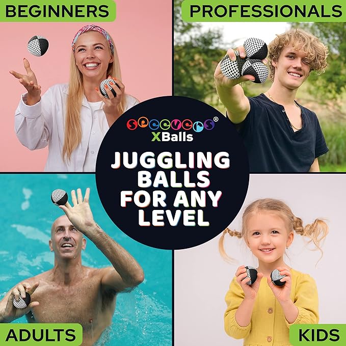 speevers Juggling Balls for Beginners and Professionals Set of 3, 14 Colors Available, 2 Layers of Net and Carry Case, Xballs Juggling Balls (Black - White, 2.5 oz)