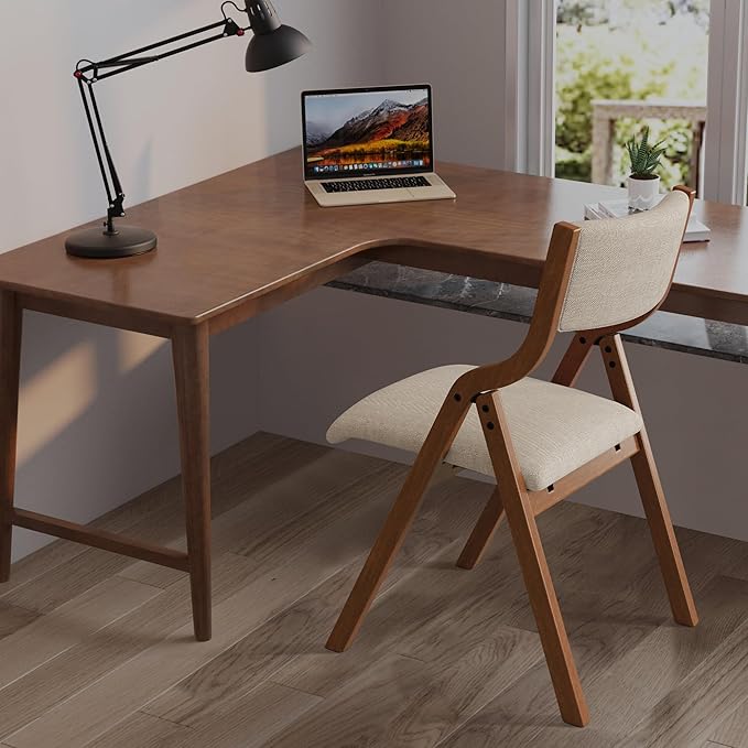Folding Dining Chairs Set of 2, Upholstered Kitchen Chair with Padded Seat & Backrest, Modern Side-Chair with Wood Legs for Home Office Living Room,No Assembly Needed,Cream Taupe+ Walnut