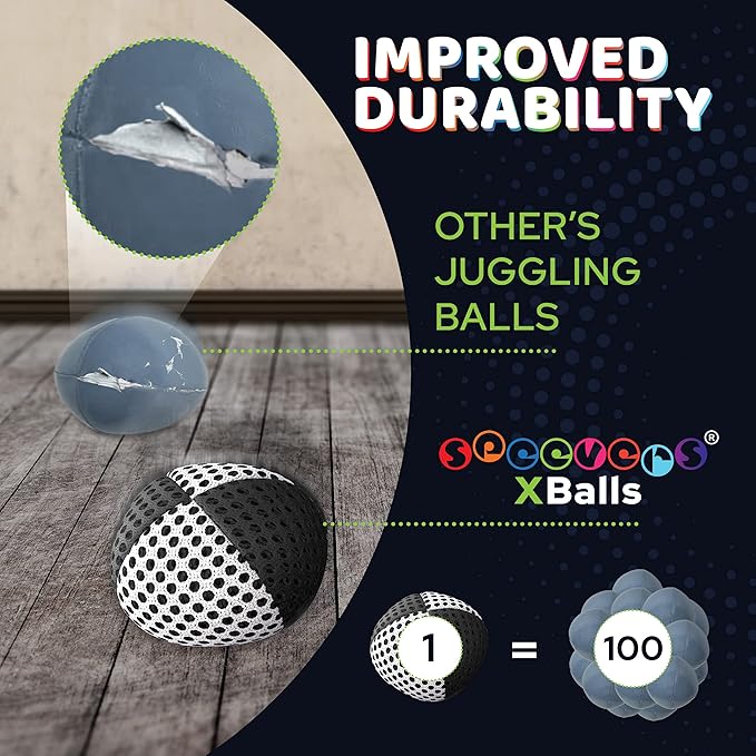 speevers Juggling Balls for Beginners and Professionals Set of 3, 14 Colors Available, 2 Layers of Net and Carry Case, Xballs Juggling Balls (Black - White, 3.9 oz)