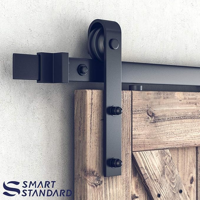 SMARTSTANDARD 7 FT Double Barn Door Hardware Kit, Sliding Door Track-Smoothly and Quietly -Includes Detailed Installation Fit 21" Wide Doorpanel (J Shape Hanger) Black