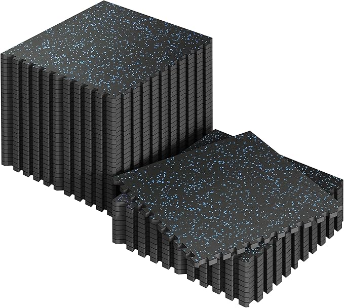 SUPERJARE 0.56'' Thick 36 Pcs 144 Sq Ft Rubber Top Exercise Equipment Mats, High Density EVA Foam Mats with Rubber Top, Interlocking Gym Flooring for Home Gym, Protective Workout Mat, Black/Blue