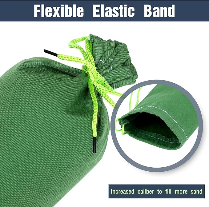 Threan 2 Pcs Long Canvas Sandbags for Flooding Sand Tube Bags Flood Protection Thickened Reusable Rain Wind Flood Barrier with Elastic Band Water Barrier Tube for Door Rain Control, Green (6ft)