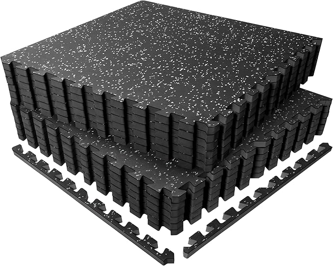SUPERJARE 0.56'' Thick 12 Pcs 48 Sq Ft Rubber Top Exercise Equipment Mats, High Density EVA Foam Mats with Rubber Top, Interlocking Gym Flooring for Home Gym, Protective Workout Mat, Black/Grey