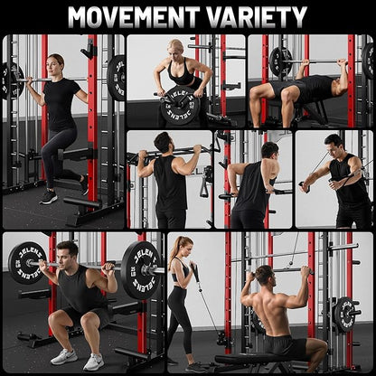 JELENS Smith Machine for Home Gym, Multi-Function M12 Power Cage with Cable Crossover System, Squat Rack with Smith Bar and More Attachment