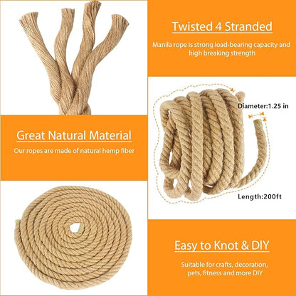 Manila Rope 1.25 Inch X 200 Ft, Hemp Rope 4 Strand Twisted, Natural Thick for Crafts Large Heavy Duty Multipurpose for Swing Bed, Camping, Tug of War, Docks, DIY Projects