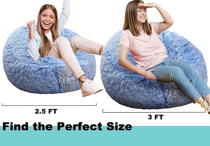 Fluffy Bean Bag Chair, 3FT Round Memory Foam Filled Bean Bag for Teens & Kids, Ultra Soft Faux Fur Fabric Bean Bag Chairs for Playroom, Living Room, Bedroom, Blue